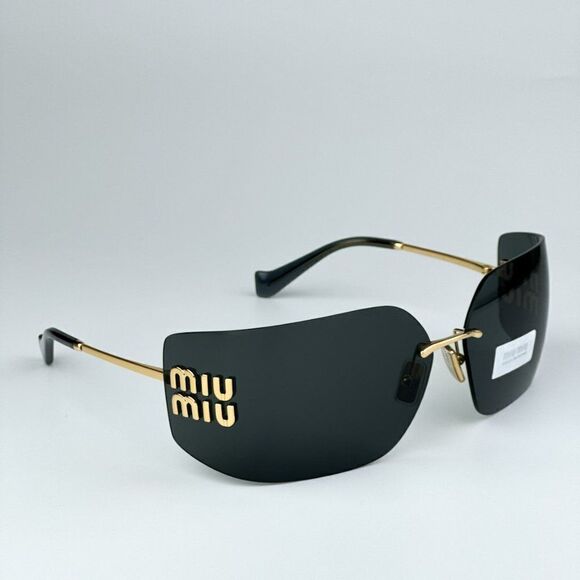 NEW Miu Miu MU54YS 5AK5S0 Gold Dark Grey Wraparound Rimless Women Sunglasses